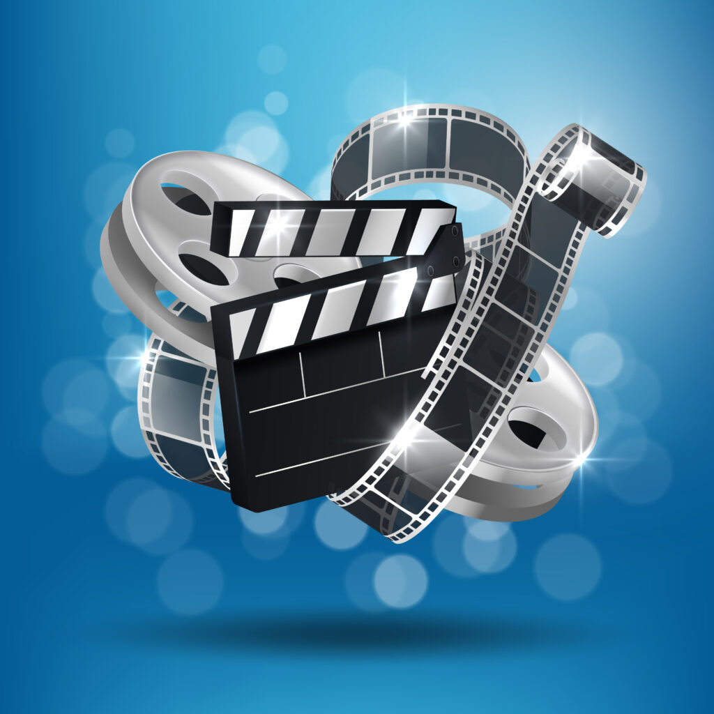 Cinema blue background with 3d realistic objects popcorn, tape, tickets and clapperboard. Vector concept colorful illustration with elements of film industry. Template for ad, poster, presentation